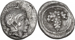 Greek Asia. Lesbos, Methymna. AR Hemiobol, 450-406 BC. Obv. Helmeted head of Athena right. Rev. Bunch of grapes within circle. HGC 6 905. AR. 0.22 g. ...
