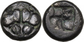 Greek Asia. Lesbos, unattribuited early mint. BI 1/8 Stater, 500-450 BC. Obv. Confronted boars' heads. Rev. Quadripartite incuse square. SNG Cop. 287....