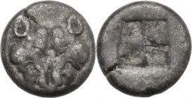 Greek Asia. Lesbos, unattribuited early mint. BI 1/12 Stater or Diobol, c. 500-450 BC. Obv. Confronted boars’ heads. Rev. Quadripartite incuse square....