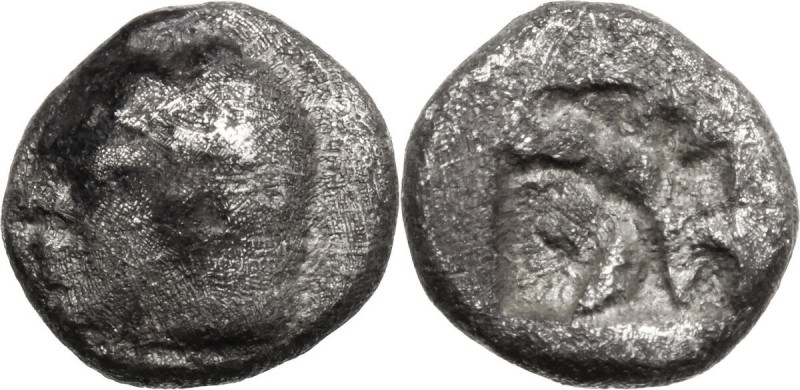 Greek Asia. Ionia, Kolophon. AR Tetartemorion, 530-500 BC. Obv. Head of Apollo l...
