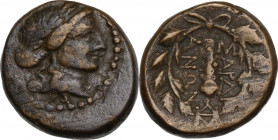 Greek Asia. Lydia, Sardes. AE 16 mm, 2nd-1st century BC. Obv. Laureate head of Apollo right. Rev. Club and legend within wreath. SNG Cop. 470-482. AE....