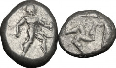 Greek Asia. Pamphylia, Aspendos. AR Stater, 465-430 BC. Obv. Warrior advancing right, holding shield and spear. Rev. Ε-Σ-[Τ-F]. Triskeles. SNG Cop. 15...