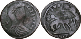 AE Follis, Barbaric imitation, ca. 4-th-5th century. Obv. Diademed, draped and cuirassed bust right. Rev. Soldier spearing fallen horseman. AE. 3.37 g...