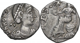 Visigoths, Gaul. Pseudo-imperial coinage. AR Siliqua, Pseudo-Ravenna mint, in the name of Honorius, c. 415 AD. Obv. Diademed, draped and cuirassed bus...