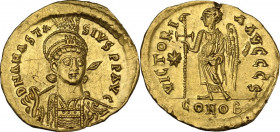 Anastasius I (491-518). AV Solidus, 507-518. Constantinople mint, 6th officina. Obv. Helmeted and cuirassed bust facing slightly right, holding spear ...