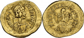 Anastasius I (491-518). AV Tremissis, Constantinople mint, 492-507. Obv. Daidemed, draped and cuirassed bust right. Rev. Victory standing left, holdin...