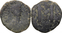 Justin I (518-527). AE Follis, Cyzicus mint, 518-522. Obv. Diademed, draped and cuirassed bust right. Rev. Large M. D.O. 38; MIB 50; Sear 94. AE. 17.1...