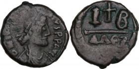 Justin I (518-527). AE 12 Nummis, Alexandria mint, 522-527. Obv. Diademed, draped and cuirassed bust right. Rev. Large IB; between, cross potent. D.O....