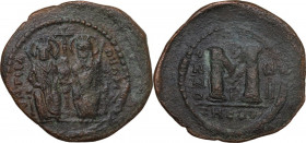 Justin II and Sophia (565-578). AE Follis, Theupolis (Antioch) mint, dated RY 7 (571-572). Obv. Justin and Sophia enthroned facing; between, long cros...