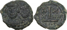 Heraclius, with Heraclius Constantine (610-641). AE Decanummium Catania mint. Dated RY 14 (623/4). Obv. Facing crowned, draped, and cuirassed busts of...