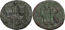 Leo V the Armenian, with Constantine (813-820). AE Follis, Syracuse mint. Obv. Crowned and draped busts of Leo V and Constatnine side by side; between...