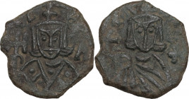 Leo V the Armenian, with Constantine (813-820). AE Follis. Syracuse mint. Struck 815-817. Obv. Crowned facing bust of Leo, wearing loros, holding cros...