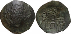 Andronicus II Palaeologus (1282-1328). AE Trachy, Thessalonica mint. Obv. St. Demetrius standing facing, holding small cross to chest. Rev. Andronicus...