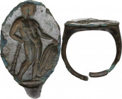 Bronze ring, the bezel engraved with Herakles holding club. Greek or roman period, 2nd century BC - 1st cetury AD. Size 18.75 mm.