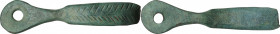 Bronze miniature strigil decorated with geometric pattern. Beautiful green patina. Roman period, 1st - 3rd century AD. 49 mm.