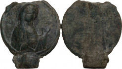 Bronze decorative element with Virgin Mary. Byzantine period. 35 x 32 mm.