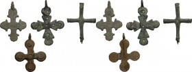 Lot of 4 bronze crosses (one broken). Byzantine period. 40 mm, 45 mm, 38 mm, 40 mm.
