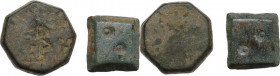 Lot of 2 bronze weights. Byzantine perdiod. 15.9g, 17 mm; 6 g, 13 mm.