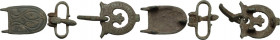 Lot of 3 bronze belt terminals. Late Roman to Medieval period. 30x23 mm, 31x27 mm, 31x28mm.
