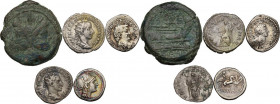 Roman Republic and Empire. Lot of 1 AE and 4 AR denominations; including Cr. 299/1a, Cr. 517/2, Gordian III and Trebonianus Gallus. VF:About VF.