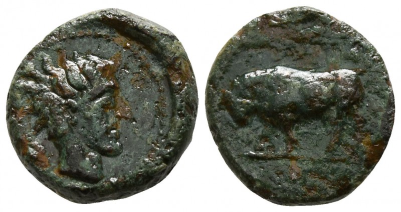 Sicily. Gela circa 420-405 BC.
Onkia Æ

9mm., 1,08g.

Head of river-god rig...