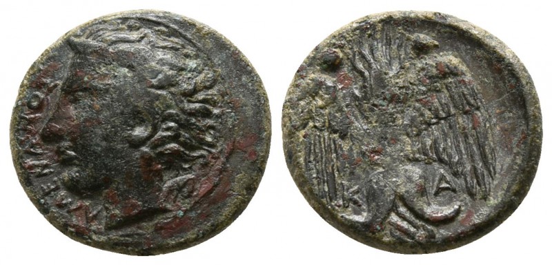 Sicily. Katane circa 405-402 BC.
Tetras Æ

12mm., 1,85g.

AMENANOΣ, horned ...