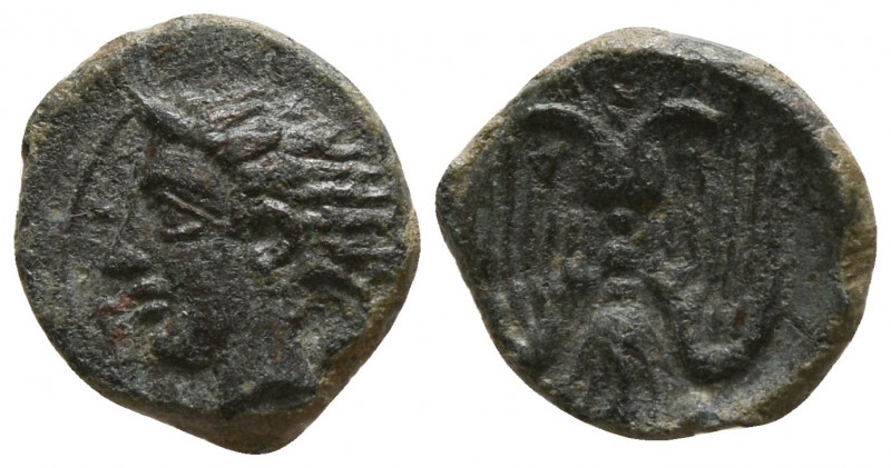 Sicily. Katane circa 405-402 BC.
Onkia Æ

9mm., 0,72g.

Head of river god A...