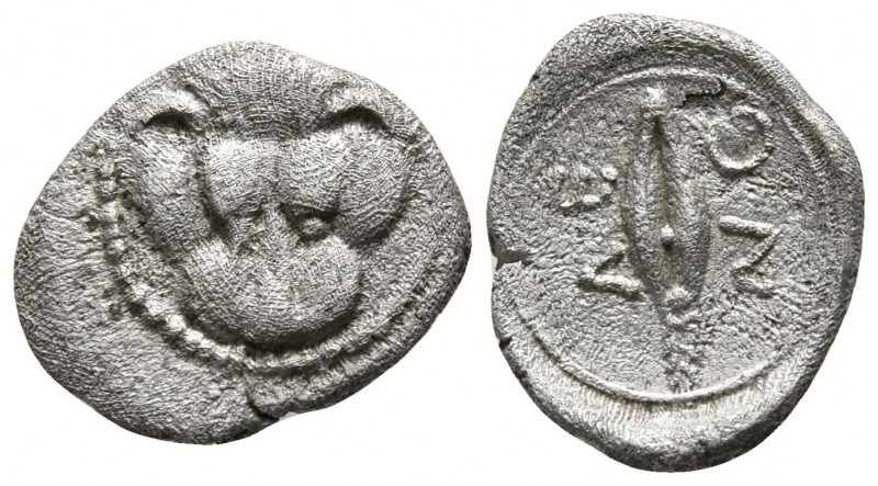 Sicily. Leontinoi circa 476-466 BC.
Obol AR

10mm., 0,64g.

Facing scalp of...