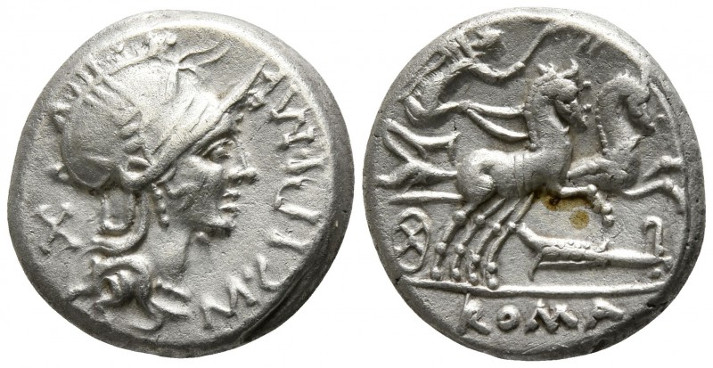 M. Cipius M.f. 115-114 BC. Rome
Denarius AR

15mm., 3,82g.

Helmeted head o...