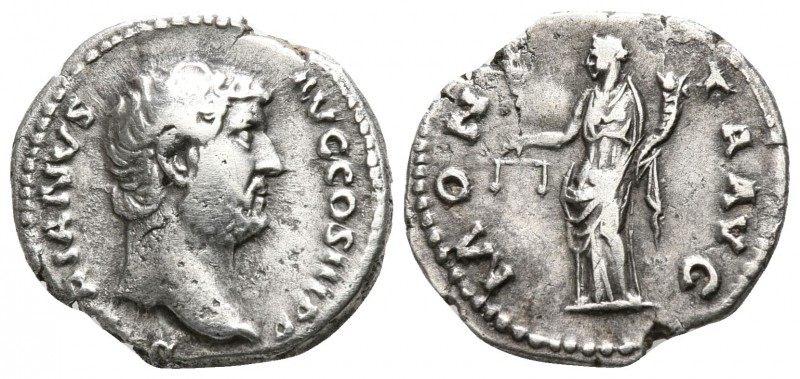 Hadrian AD 117-138. Rome
Denarius AR

17mm., 3,05g.

HADRIANVS AVG COS III ...