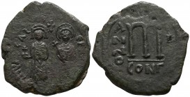 Phocas, with Leontia AD 602-610, (dated RY 1=AD 602/3).. Constantinople. Follis Æ