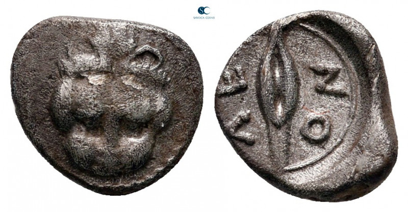 Sicily. Leontinoi circa 476-466 BC. 
Obol AR

8 mm, 0,76 g

Facing lion sca...