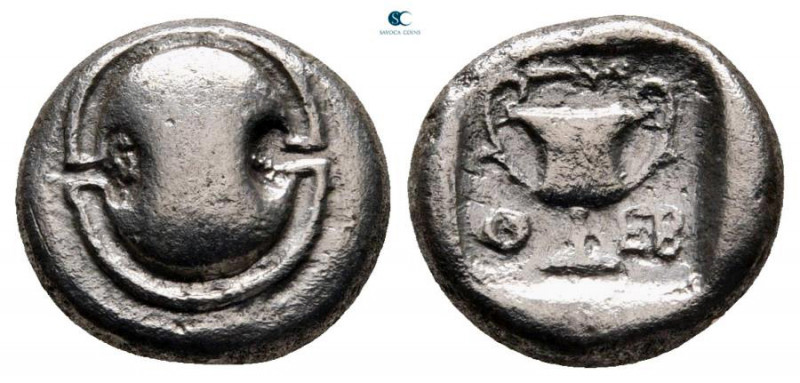 Boeotia. Thebes circa 426-395 BC. 
Hemidrachm AR

12 mm, 2 g

Boiotian shie...