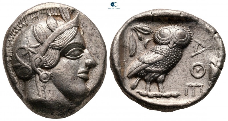 Attica. Athens circa 454-404 BC. 
Tetradrachm AR

26 mm, 17,33 g

Head of A...