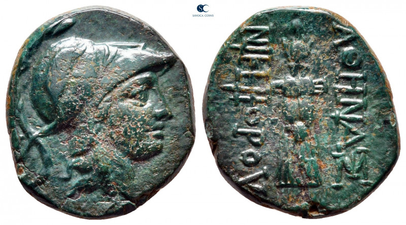 Mysia. Pergamon circa 133-27 BC. 
Bronze Æ

20 mm, 5,64 g

Helmeted head of...