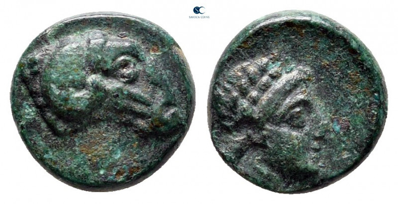 Troas. Kebren circa 350 BC. 
Bronze Æ

9 mm, 0,97 g

Head of ram right / [K...
