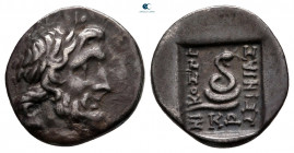 Islands off Caria. Kos. ΝΙΚΟΣΤΡΑ- (Nikostra-) and ΔΕΙΝΙΑΣ (Deinias), magistrates circa 200-170 BC. Tetrobol AR