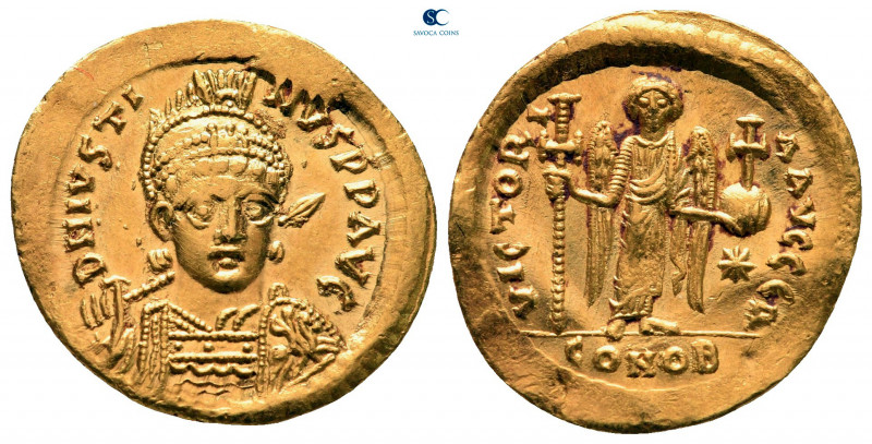 Justin I AD 518-527. Constantinople. 4th officina
Solidus AV

20 mm, 4,46 g
...