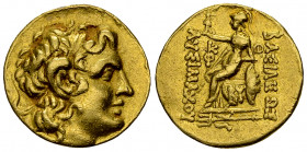Lysimachos AV Stater, Byzantion 

Thrace, Byzantion. AV Stater (20 mm, 8.23 g), c. 100-90 BC. In the name and types of Lysimachos.
Obv. Diademed he...
