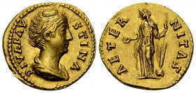Diva Faustina I Aureus 

Antoninius Pius (138-161 AD) for Diva Faustina Senior, died 140/1. Aureus (19 mm, 7.17 g), Rome, after 141.
Obv. DIVA FAVS...
