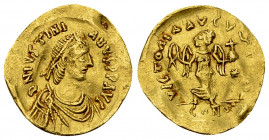 Iustinianus I AV Tremissis 

Iustinianus I (527-565 AD). AV Tremissis (16 mm, 1.41 g). Constantinople.
Obv. D N IVSTINIANVS P P AVI, diademed, drap...