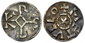 Charles le Chauve, AR Obole, Melle 

Monnaies Carolingiennes. Charles le Chauve (840-877). AR Obole (16 mm, 0.68 g), Melle.
Av. Monogramme de Karlu...