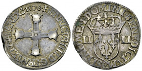 Henri IV, AR 1/4 d'écu 1608, Saint-Lô 

France, Royaume. Henri IV. AR 1/4 d'écu 1608 (29 mm, 9.59 g), Saint-Lô.
Av. HENRICVS. IIII. D: G. FRAN. ET....