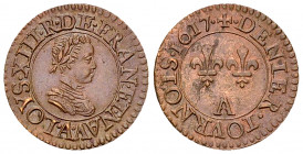 Louis XIII, CU Denier tournois 1617 A, Paris 

Louis XIII. CU Denier tournois 1617 A (17 mm, 2.15 g), Paris.
Av. LOYS. XIII. R. DE. FRAN. ET. NAV.,...