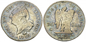 Louis XVI, AR 30 Sols 1792 A, Paris 

France. Louis XVI. AR 30 Sols 1792 A (30 mm, 9.17 g), Paris.
KM 606.1.

TB.
