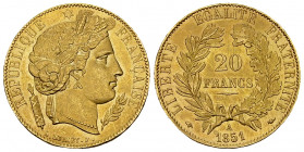France, AV 20 Francs 1851 A, Paris 

France, 2ème République. AV 20 Francs 1851 A (6.43 g), Paris.
 Gad. 1059.

SUP.