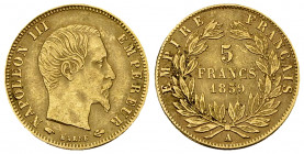 Napoléon III, AV 5 Francs 1859 A, Paris 

France, second empire. Napoléon III. AV 5 Francs 1859 A (1.59 g), Paris.
Gad. 1001.

TTB.