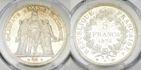 France, AR 5 Francs 1875 A, MS65 

France, IIIè République. AR 5 Francs 1875 A, Paris. Hercule.
Gad. 745a.

PCGS MS65.