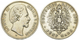 Bayern, AR 5 Mark 1876 D 

Deutschland, Bayern. Ludwig II. AR 5 Mark 1876 D (27.52 g).
AKS 194.

Sehr schön.