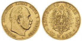Preussen, AV 10 Mark 1877 

Deutschland, Preussen. Wilhelm. AV 10 Mark 1877 A (3.93 g).
AKS 112.

Gutes sehr schön.